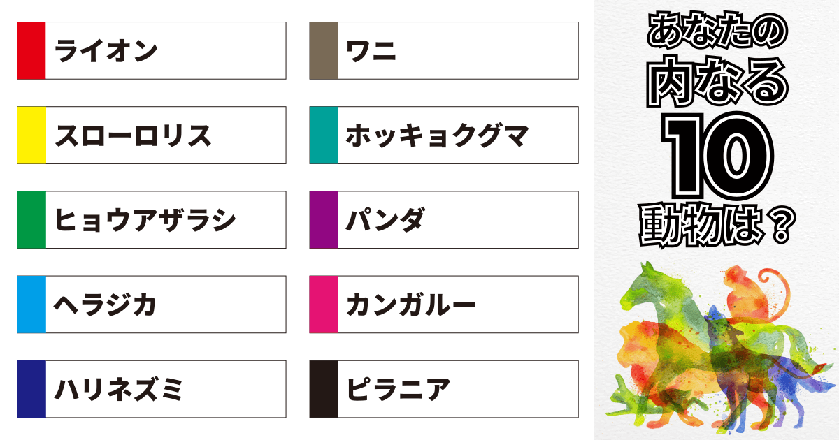ライオン、ワニ、スローロリス、ホッキョクグマ、ヒョウアザラシ、パンダ、ヘラジカ、カンガルー、ハリネズミ、ピラニア