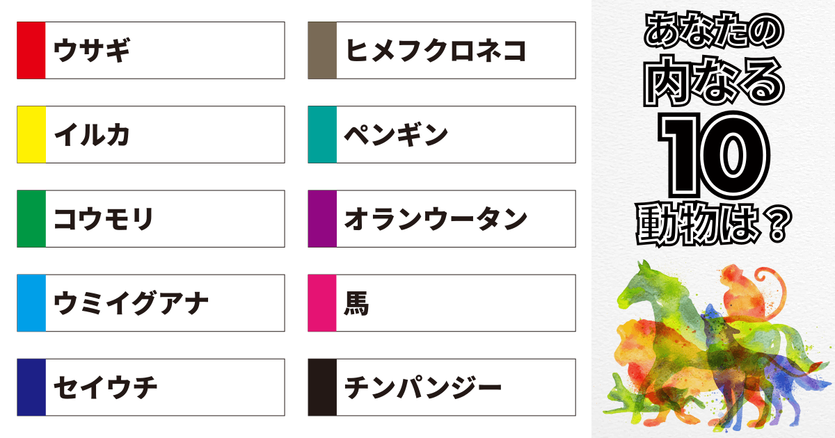 ウサギ、ヒメフクロネコ、イルカ、ペンギン、コウモリ、オランウータン、ウミイグアナ、馬、セイウチ、チンパンジー