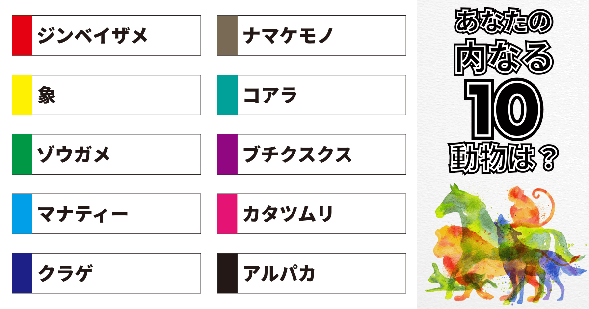 ジンベイザメ、ナマケモノ、象、コアラ、ゾウガメ、ブチクスクス、マナティー、カタツムリ、クラゲ、アルパカ