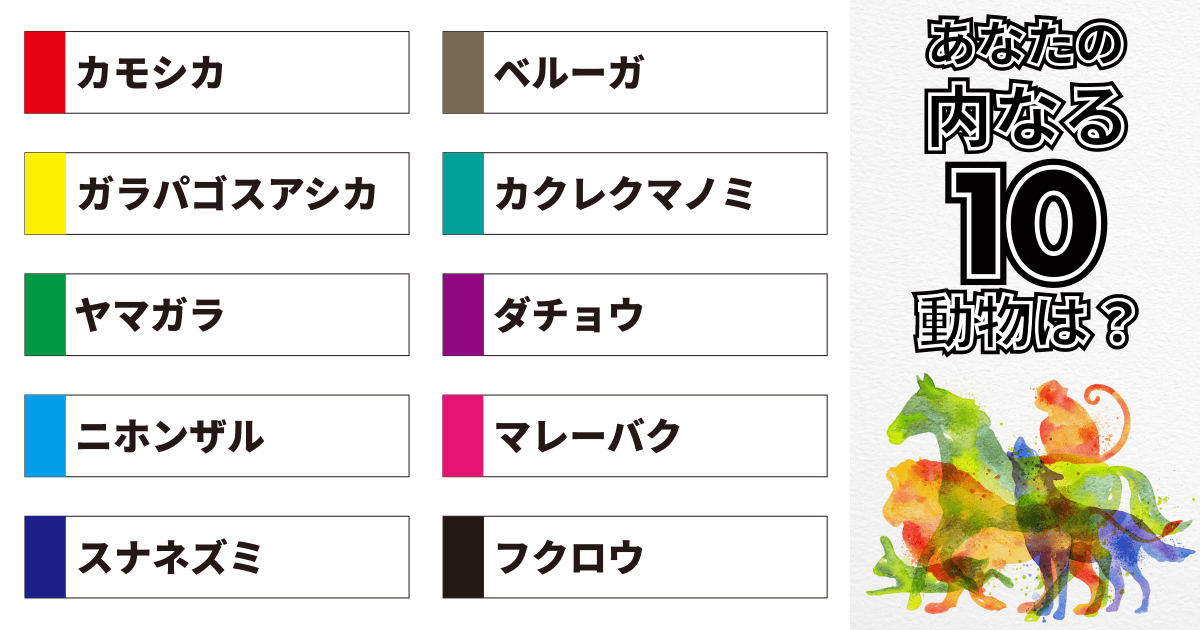 カモシカ、ベルーガ、ガラパゴスアシカ、カクレクマノミ、ヤマガラ、ダチョウ、ニホンザル、マレーバク、スナネズミ、フクロウ