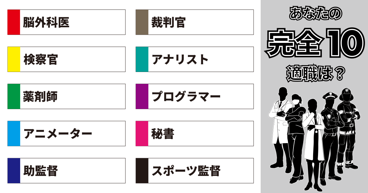 脳外科医、裁判官、検察官、アナリスト、薬剤師、プログラマー、アニメーター、秘書、助監督、スポーツ監督