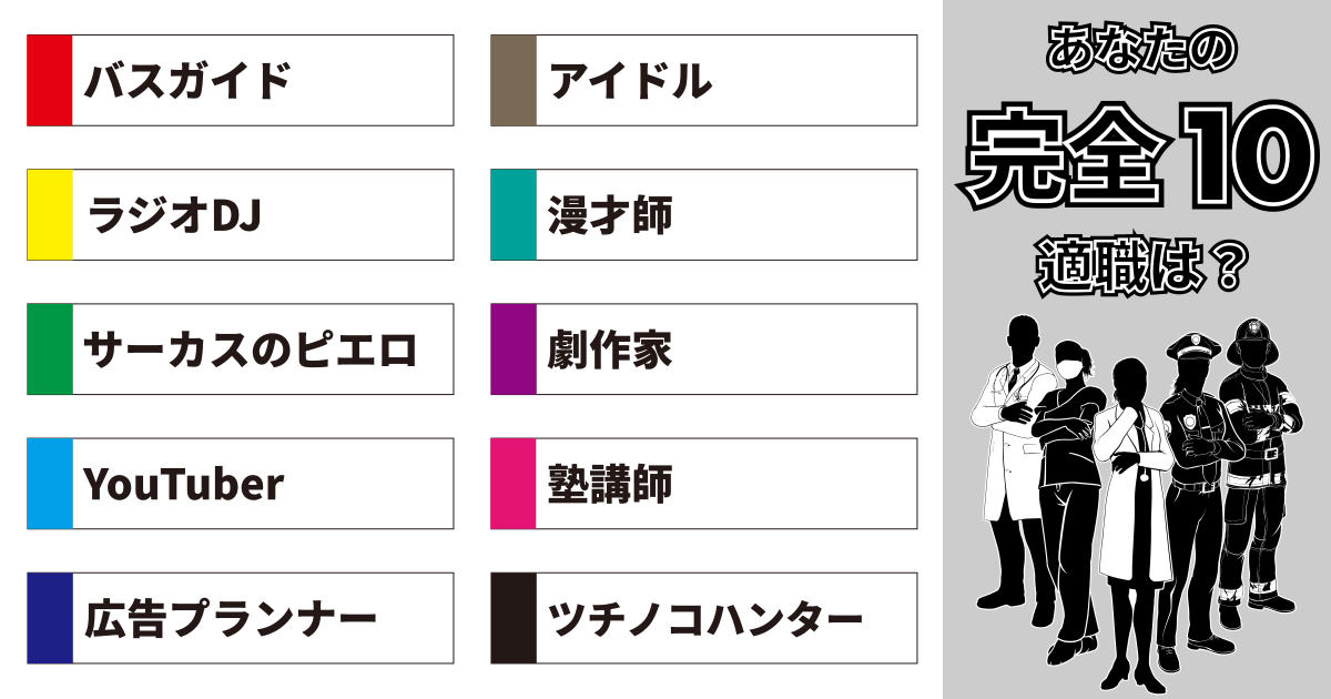 バスガイド、アイドル、ラジオDJ、漫才師、サーカスのピエロ、劇作家、YouTuber、塾講師、広告プランナー、ツチノコハンター