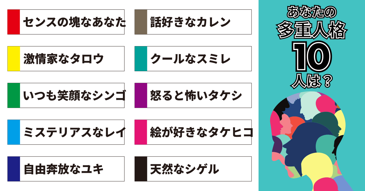 センスの塊なあなた、話好きなカレン、激情家なタロウ、クールなスミレ、いつも笑顔なシンゴ、怒ると怖いタケシ、ミステリアスなレイ、絵が好きなタケヒコ、自由奔放なユキ、天然なシゲル