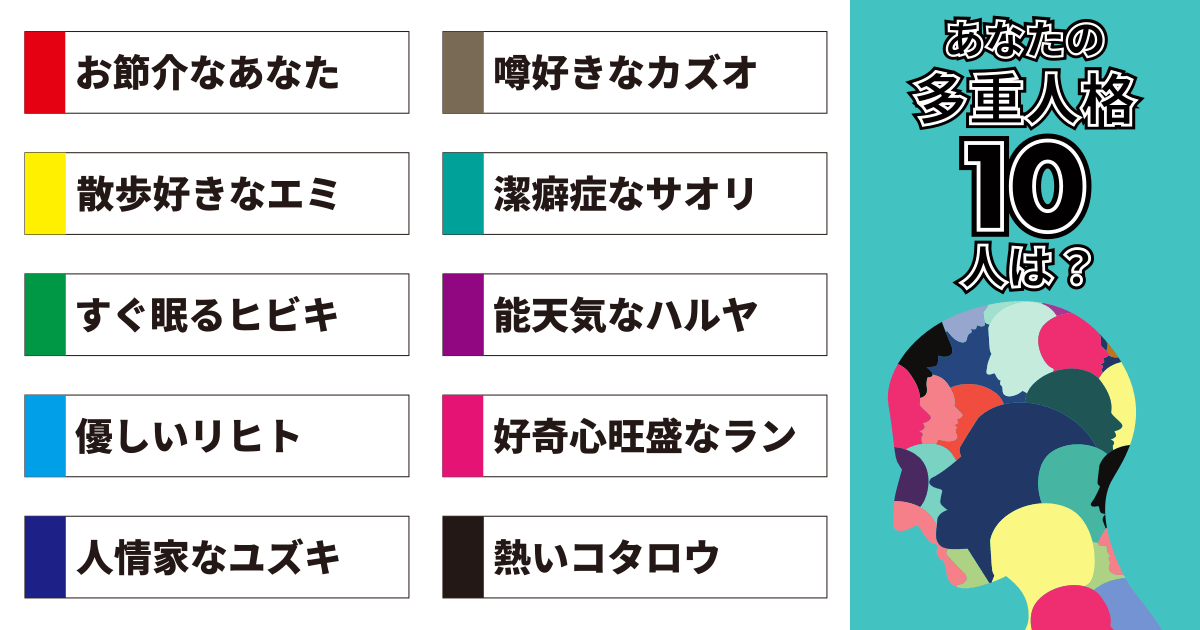 お節介なあなた、噂好きなカズオ、散歩好きなエミ、潔癖症なサオリ、すぐ眠るヒビキ、能天気なハルヤ、優しいリヒト、好奇心旺盛なラン、人情家なユズキ、熱いコタロウ