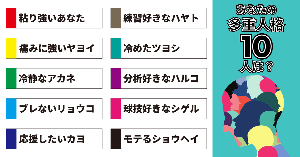 粘り強いあなた、練習好きなハヤト、痛みに強いヤヨイ、冷めたツヨシ、冷静なアカネ、分析好きなハルコ、ブレないリョウコ、球技好きなシゲル、応援したいカヨ、モテるショウヘイ