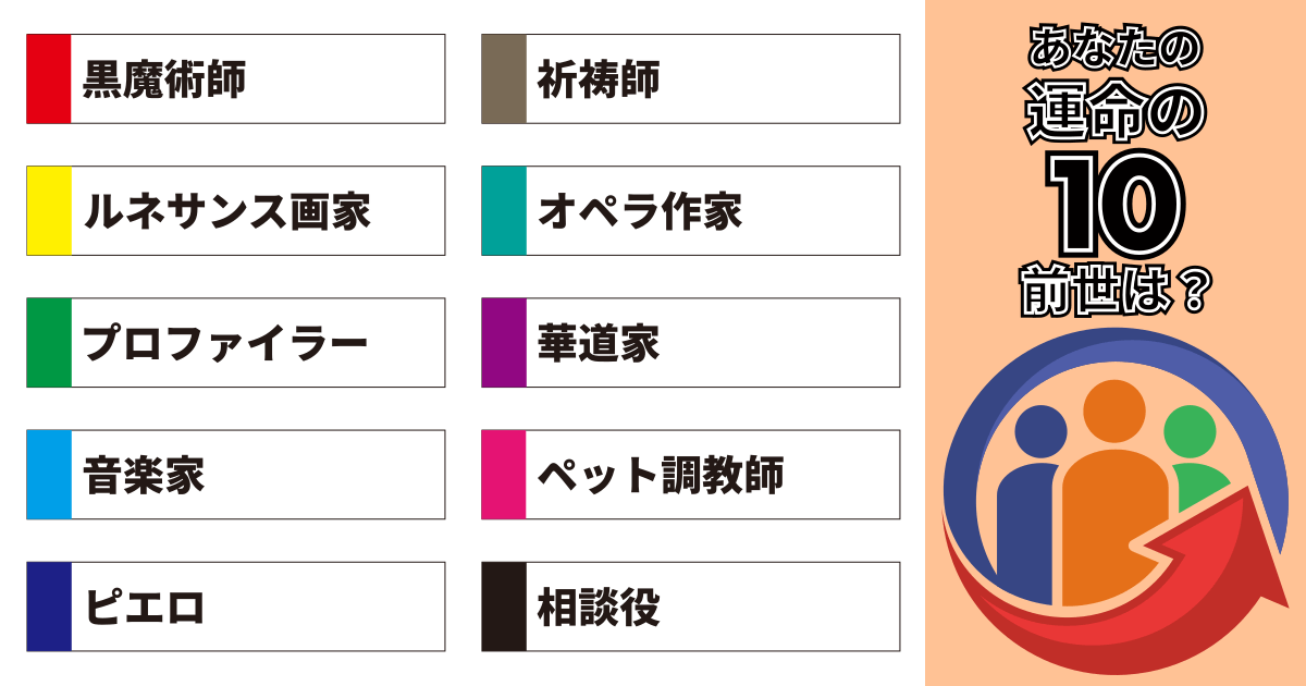 黒魔術師、祈祷師、ルネサンス画家、オペラ作家、プロファイラー、華道家、音楽家、ペット調教師、ピエロ、相談役