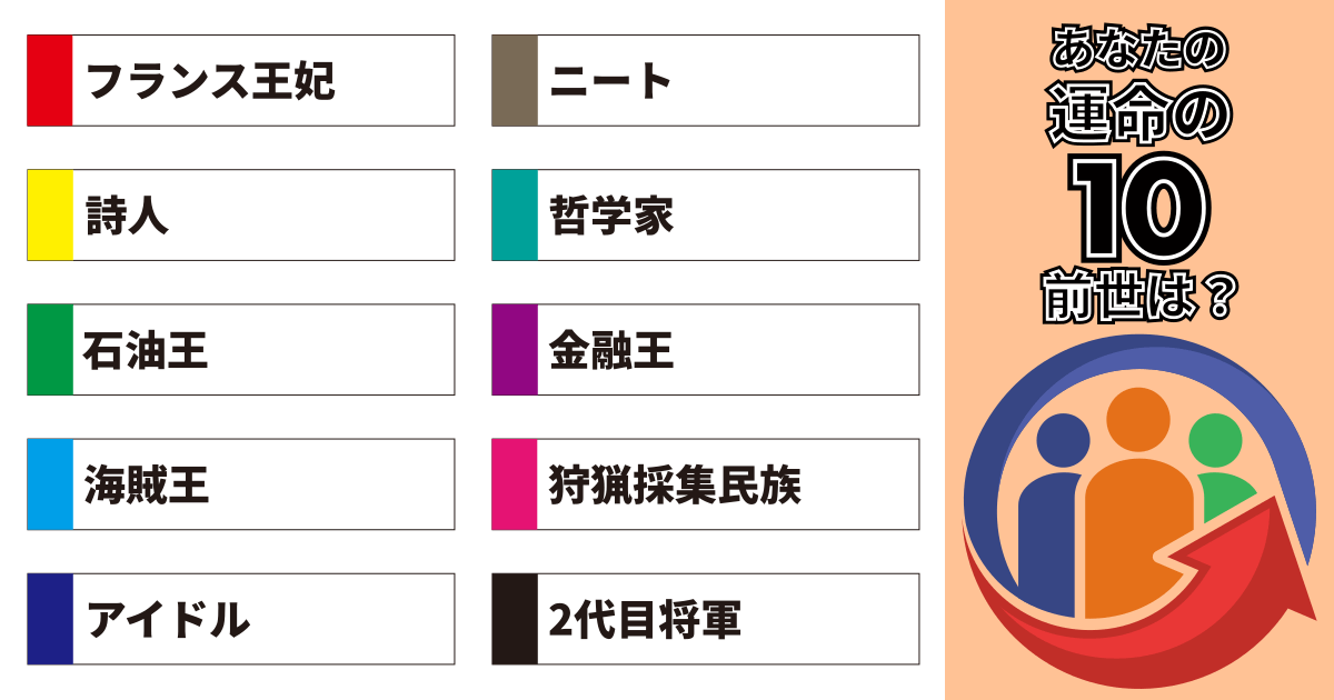フランス王妃、ニート、詩人、哲学家、石油王、金融王、海賊王、狩猟採集民族、アイドル、2代目将軍